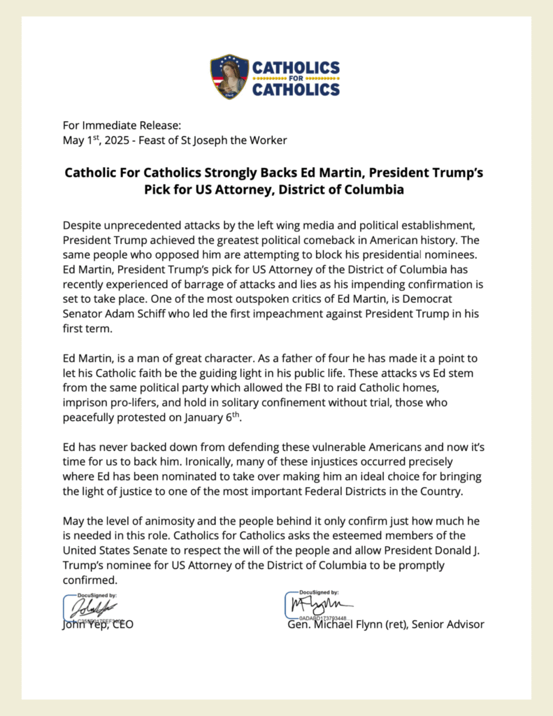Catholics for Catholics and General Michael Flynn Rally in Support of Ed Martin