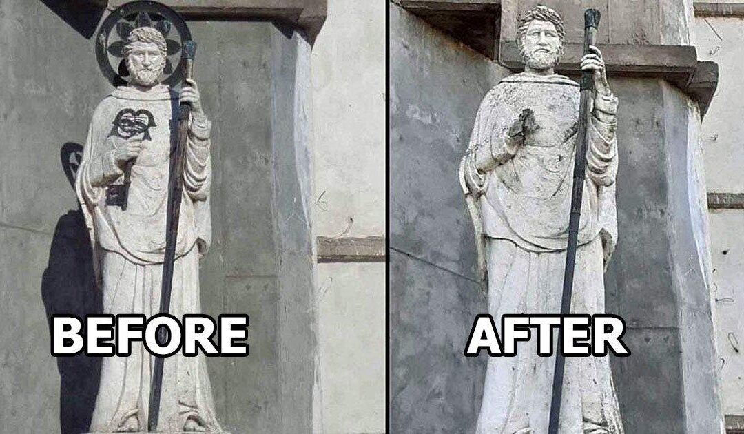 Before and After Image of Saint Peter Statue in Buenos Aires