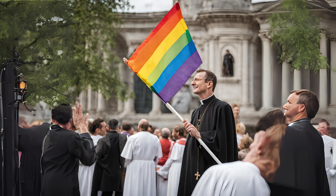 Catholic priest waving a rainbow flag 1120 X 630